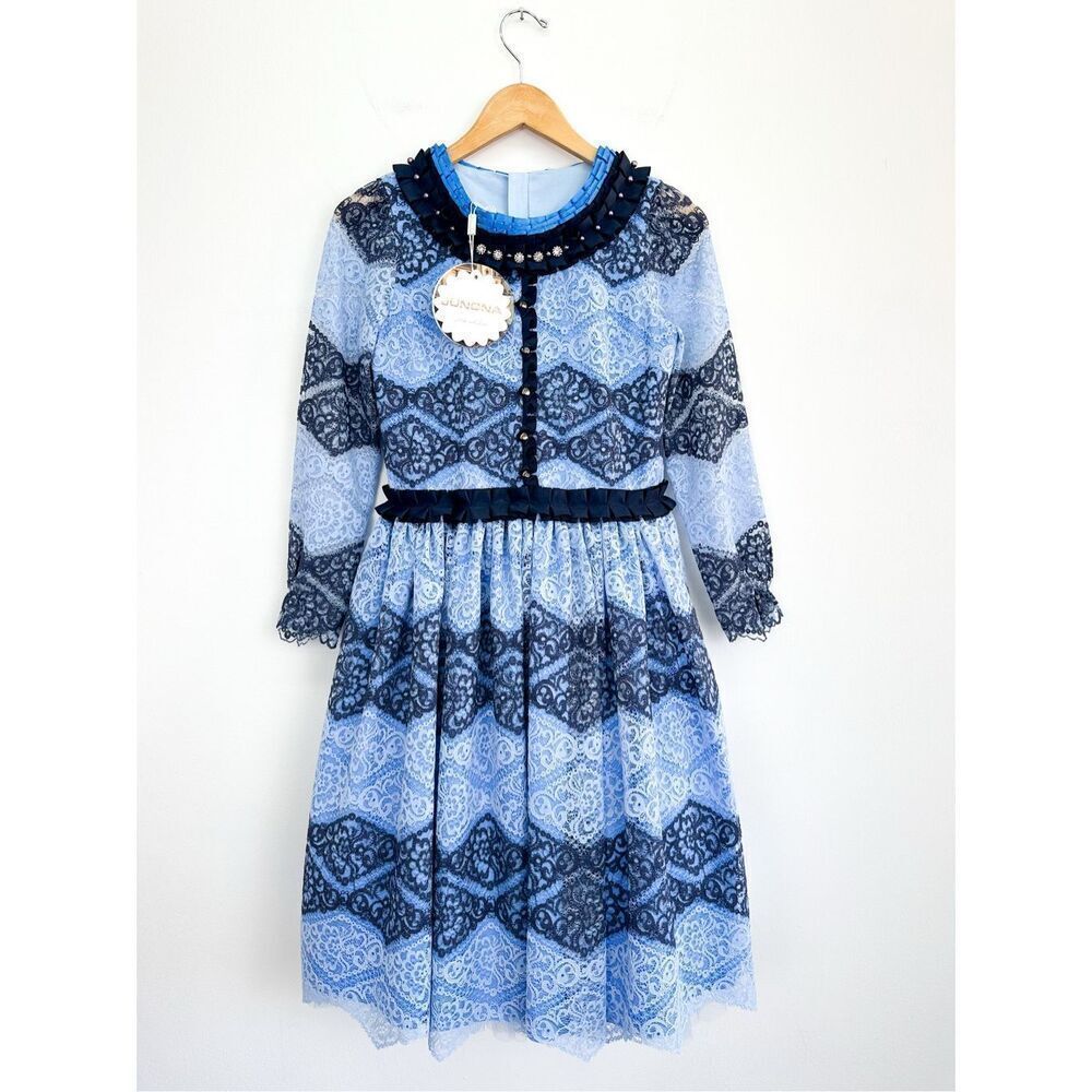 Junona Girls Blue Multi All Over Lace High Neck Dress